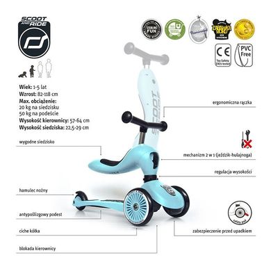 Scoot & Ride, Highwaykick 1, vehicul fara pedale si trotineta 2 in 1, Blueberry