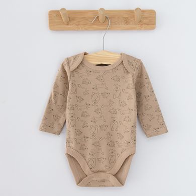 Cool Club, Body cu maneca lunga pentru baieti, maro, ecru, imprimeu animale salbatice, set 3 buc.
