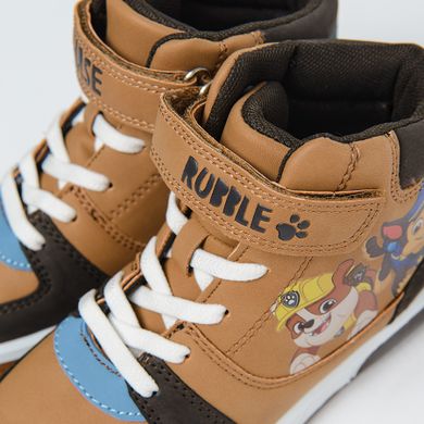 Cool Club, Ghete pentru baieti, maro, brant din piele, talpa cu leduri, imprimeu Paw Patrol