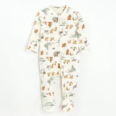 Cool Club, Pijama tip salopeta pentru baieti, ecru, verde, imprimeu Lion King, set, 2 buc.