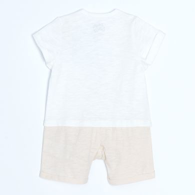 Cool Club, Salopeta rompers pentru baieti, bumbac organic, ecru, imprimeu Disney