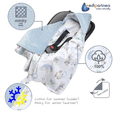 Medi Partners, Caprioare si Arici, patura cu doua fete, patura cu gluga, minky, albastru, 85-85 cm