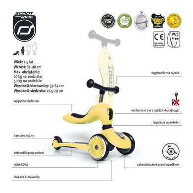 Scoot & Ride, Highwaykick 1, vehicul fara pedale si trotineta 2 in 1, Lemon
