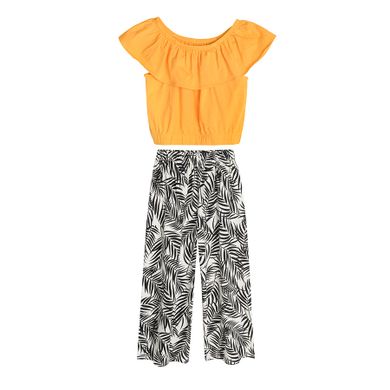 Cool Club, Set pentru fete, bluza cu maneca scurta in stil spaniol si pantaloni din material textil, mix de culori, imprimeu frunze