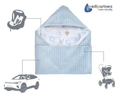 Medi Partners, Caprioare si Arici, patura cu doua fete, patura cu gluga, minky, albastru, 85-85 cm