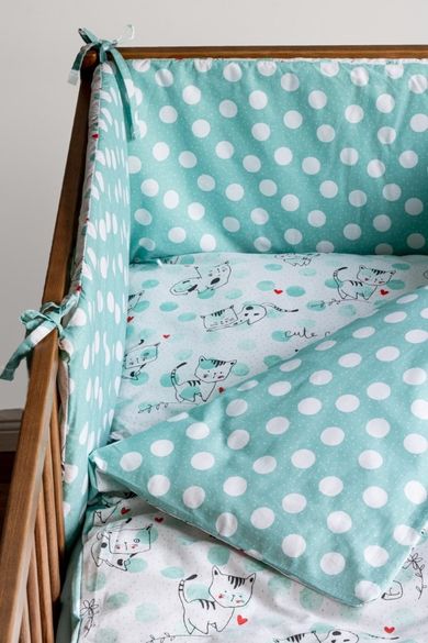 Pisicute, set lenjerie de pat si aparatori patut, 3 piese, menta verde, 90-120 cm