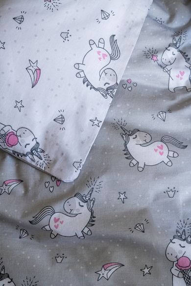 Unicorni, set lenjerie de pat si aparatori patut, 3 piese, gri, 90-120 cm