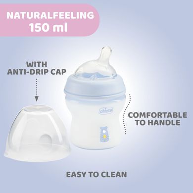 Chicco, NaturalFeeling, sticla din plastic, debit lent, albastru, 0 luni+, 150 ml
