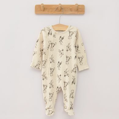 Cool Club, Pijama tip salopeta pentru fete, bumbac organic, ecru, roz, gri, imprimeu Bambi, set 3 buc.