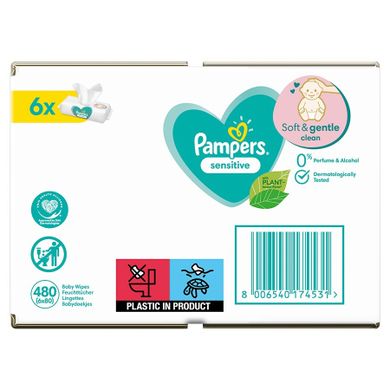 Pampers Sensitive, servetele umede, 6 pachete de 80 servetele, 480 buc.