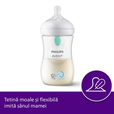 Philips Avent, Natural, Response, biberon cu ventil Air Free, 260 ml, 1 luni+, elefant, SCY673/81