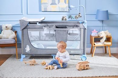Kinderkraft, Joy, patut de calatorie 2in1 cu accesorii, albastru
