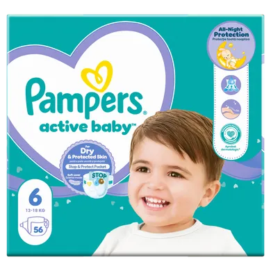 Pampers Active Baby, Jumbo Pack, scutece marimea 6, 13-18 kg, 56 buc.