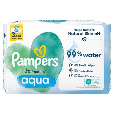 Pampers Harmonie Aqua, servetele umede, 0% plastic, 3 pachete x 48 buc., 144 buc.