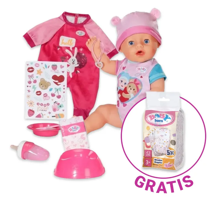 Baby Born, papusa Emma, ​​43 cm, set cu salopeta suplimentara + pachet de 5 scutece gratuit