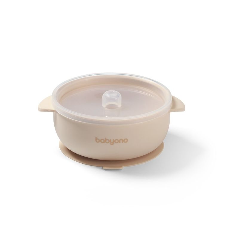 BabyOno, farfurie din silicon cu ventuza si capac, bej