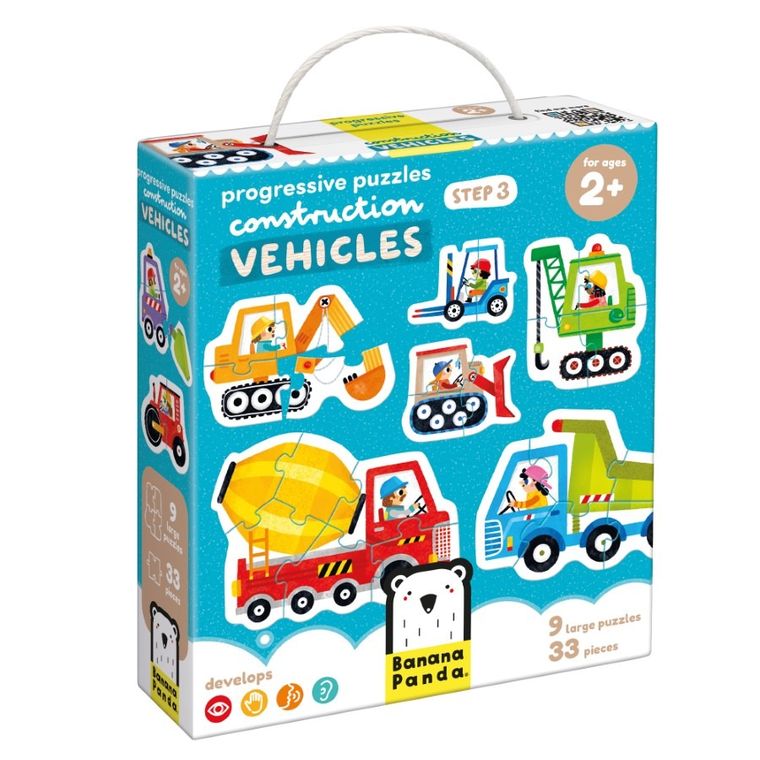 Banana Panda, Progressive Puzzle Vehicule de constructie, set de puzzle-uri, pentru varsta de 2+, 33 piese