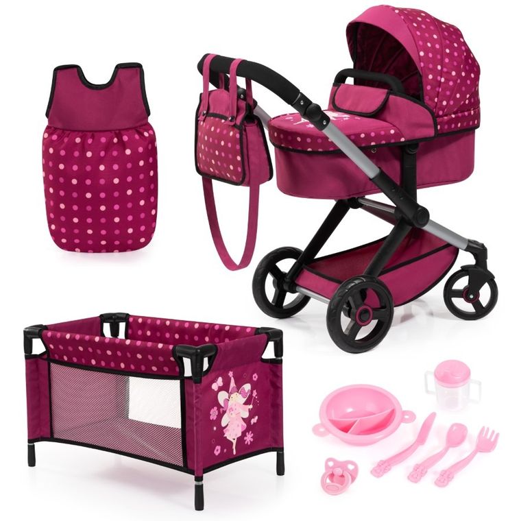 Bayer Design, Xeo Combi, carucior multifunctional pentru papusi, set cu patut pliabil, geanta si accesorii, burgundia