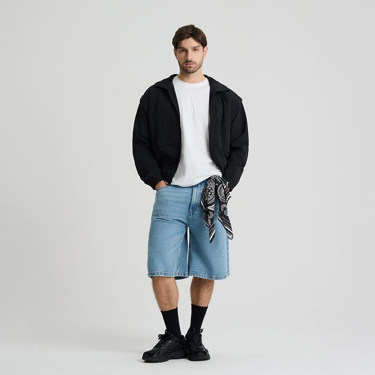 Bermude din denim cu talie reglabila unisex NOWEAR