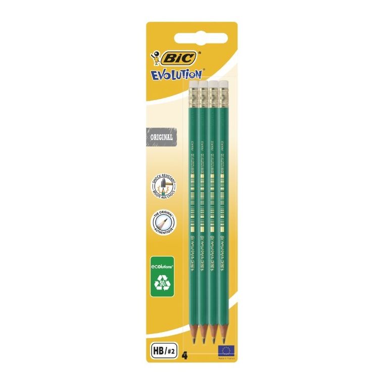 Bic, Evolution Original 655 HB, creion cu radiera, 4 buc.