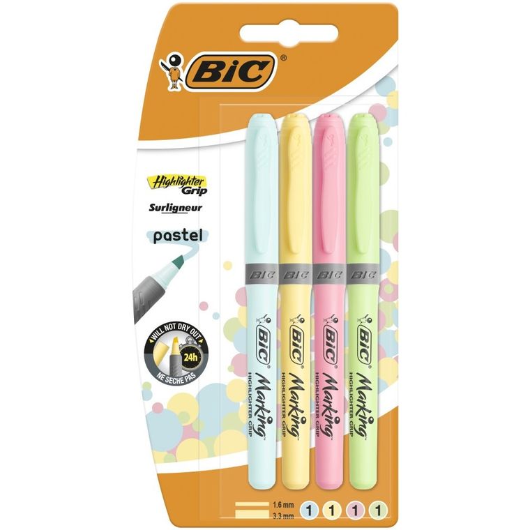 Bic, Highlighter Grip Pastel, marker evidentiator, 4 buc.
