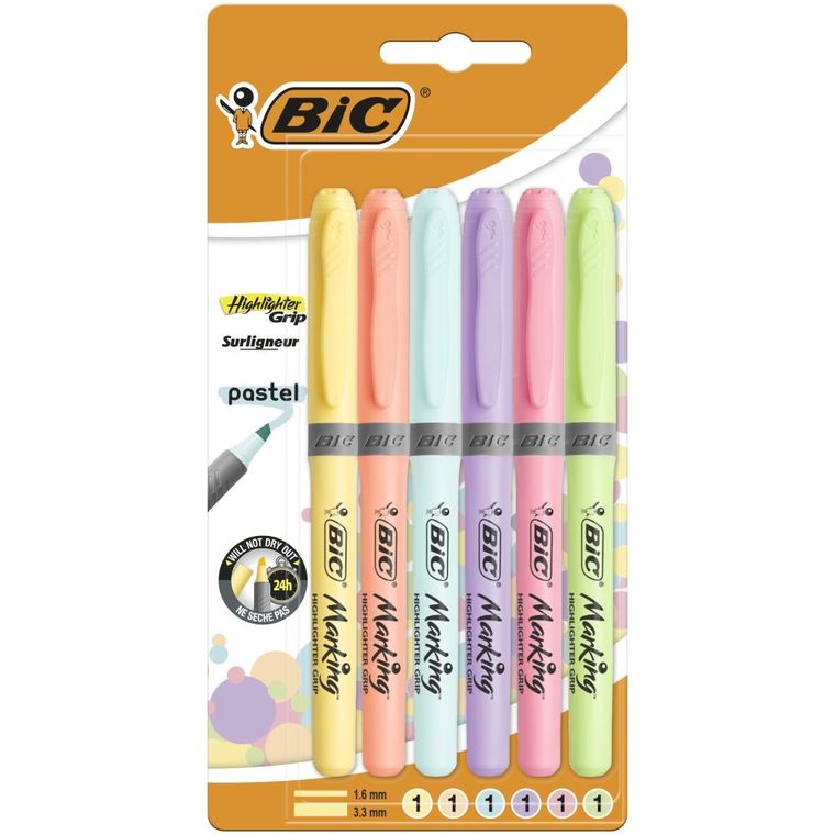 Bic, Highlighter Grip Pastel, marker evidentiator, 6 buc.