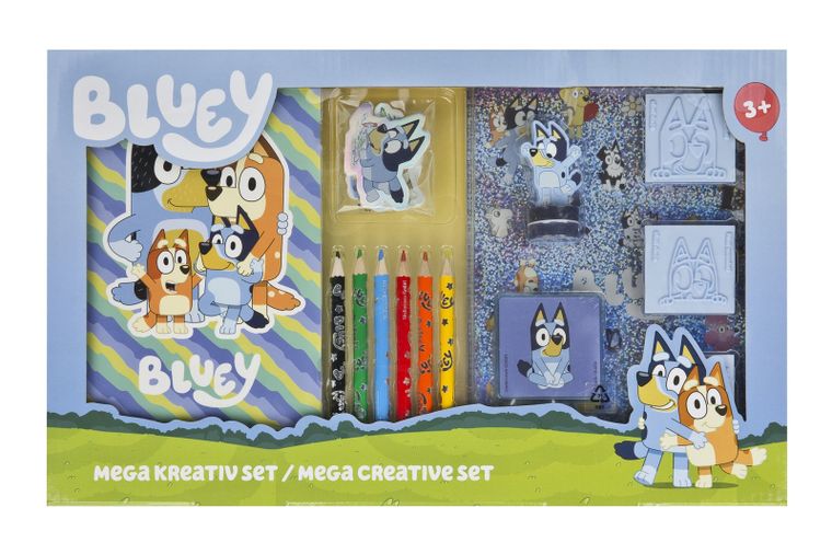 Bluey, mega set creativ, caiet, creioane colorate, autocolante si stampile