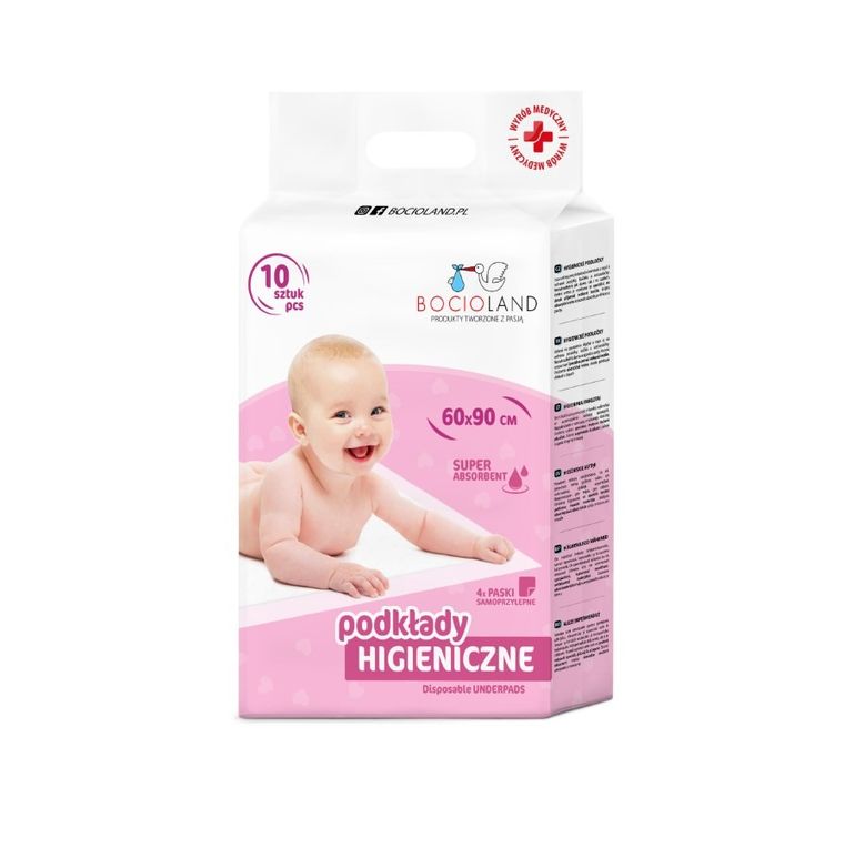 Bocioland, aleze igienice multifunctionale cu benzi autoadezive, de unica folosinta, 90-60 cm, 10 buc.