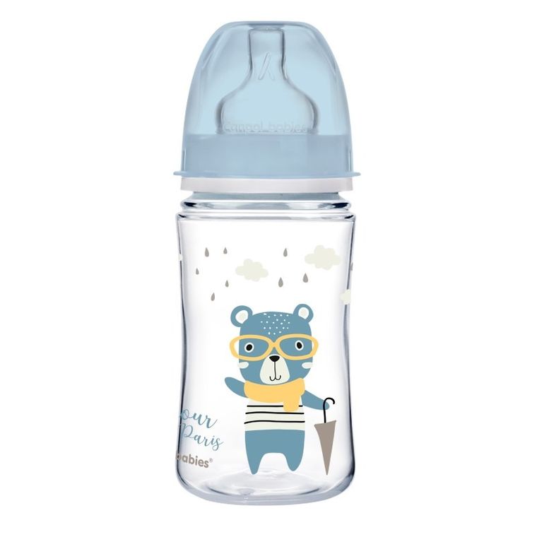 Canpol babies, EasyStart, Bonjour, biberon cu gatul larg, albastru, 3m+, 240 ml