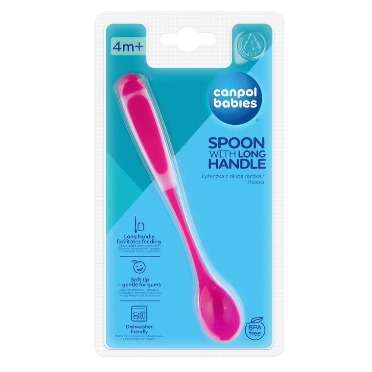 Canpol babies, lingura moale cu maner lung, roz, 4 luni+