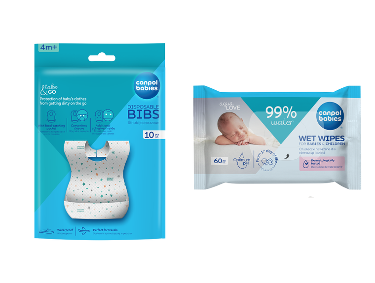 Canpol babies, set: bavete de unica folosinta, 10 buc. + servetele umede, 60 buc.