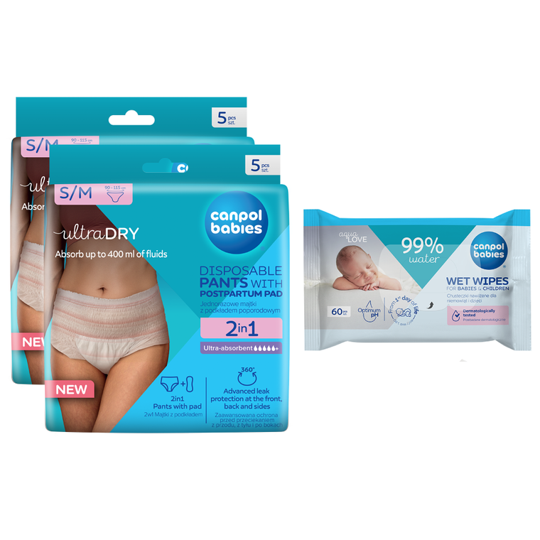 Canpol babies, set pentru mame dupa nastere: chiloti postnatali, marime S/M, 2 buc. + servetele umede, 60 buc.