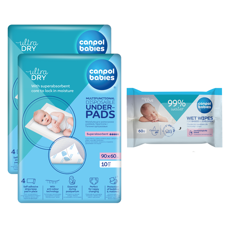 Canpol babies, set: tampoane sanitare multifunctionale, 90-60 cm, 2 buc. + servetele umede, 60 buc.
