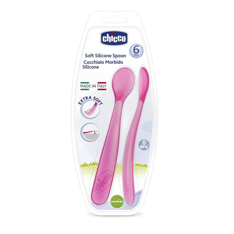 Chicco, lingura moale din silicon, 6 luni+, roz, 2 buc.