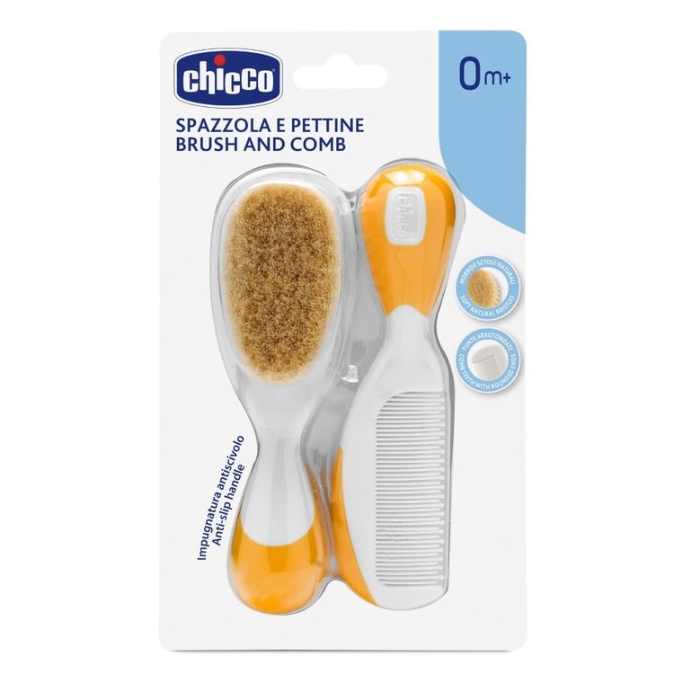 Chicco, perie si pieptene din fire naturale, portocaliu, 0 luni+