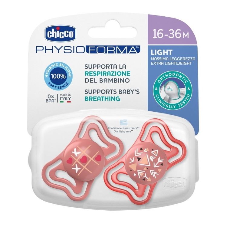 Chicco, Physioforma Light, suzeta din silicon, roz, 16-36 m, 2 buc.