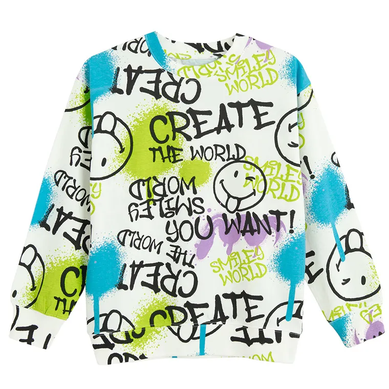 Cool Club, Bluza cu maneca lunga pentru baieti, alb, imprimeu SmileWorld