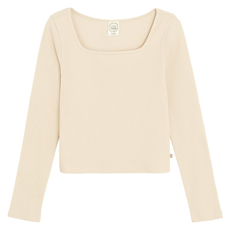 Cool Club, Bluza cu maneca lunga pentru fete, crop top, din tricot striat, bej