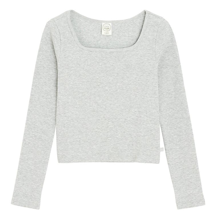 Cool Club, Bluza cu maneca lunga pentru fete, crop top, din tricot striat, gri melanj