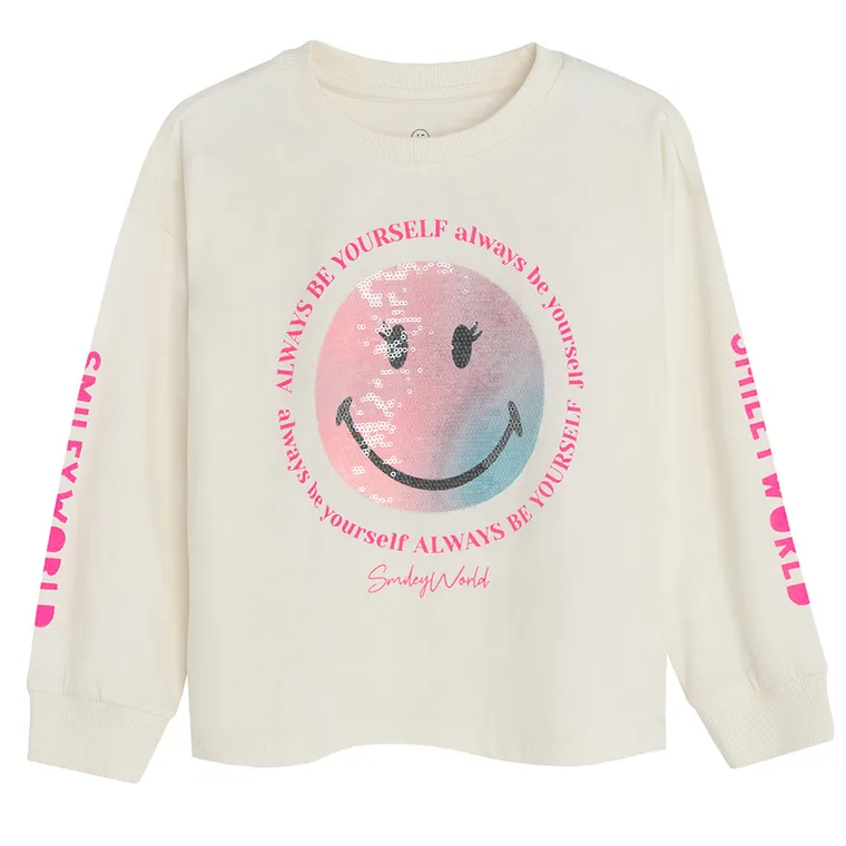 Cool Club, Bluza cu maneca lunga pentru fete, oversize, ecru, imprimeu SmileWorld