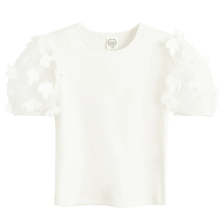 Cool Club, Bluza cu maneca scurta pentru fete, din tricot striat, alb