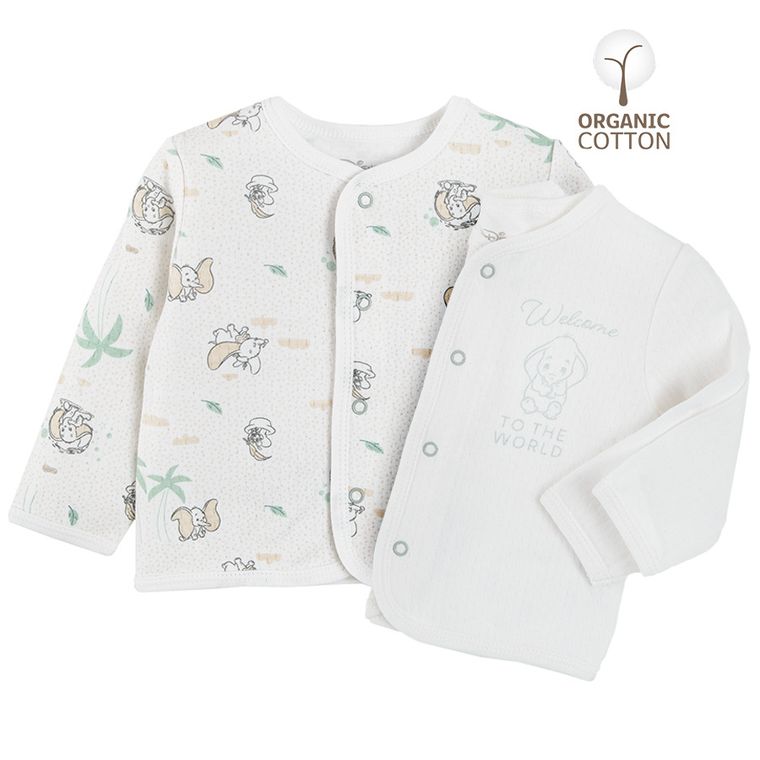 Cool Club, Bluza cu nasturi pentru bebelusi, bumbac organic, ecru, imprimeu Dumbo, set 2 buc.