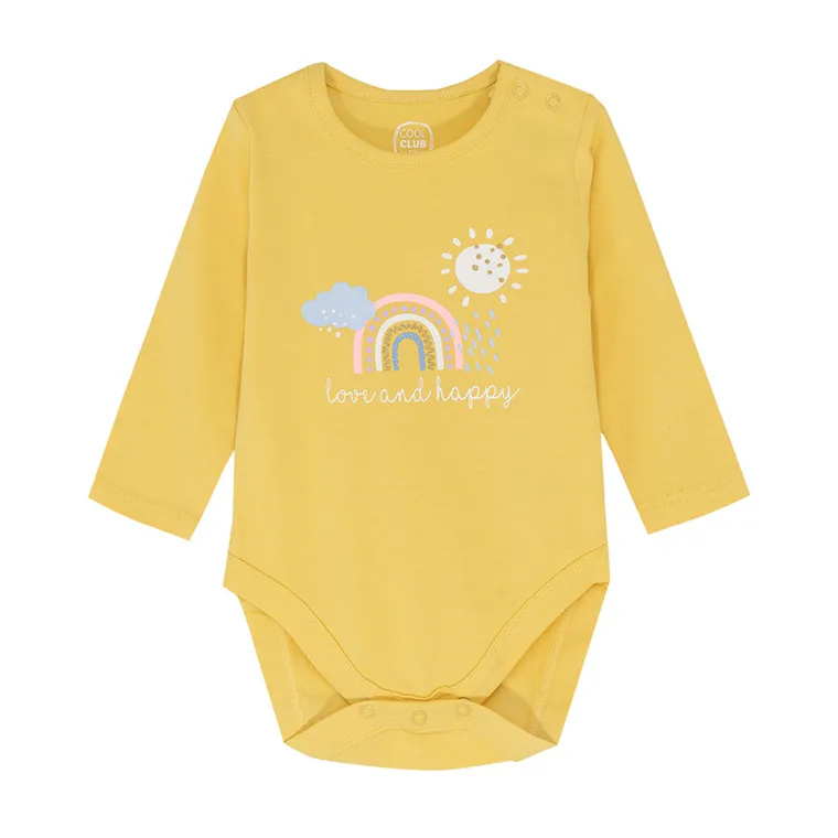 Cool Club, Body cu maneca lunga pentru fete, galben, imprimeu Love and happy