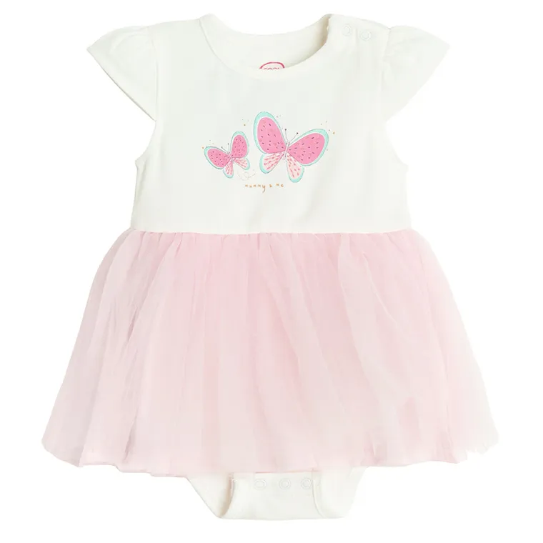 Cool Club, Body-rochie cu maneca scurta pentru fete, alb-roz