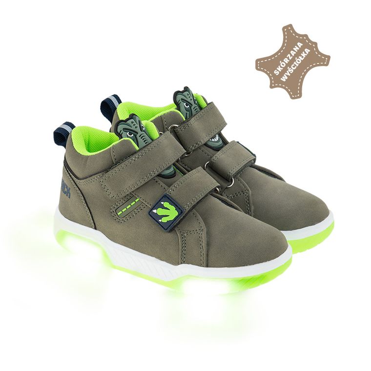 Cool Club, Ghete cu lumini led pentru baieti, culoare kaki, cu branturi de piele