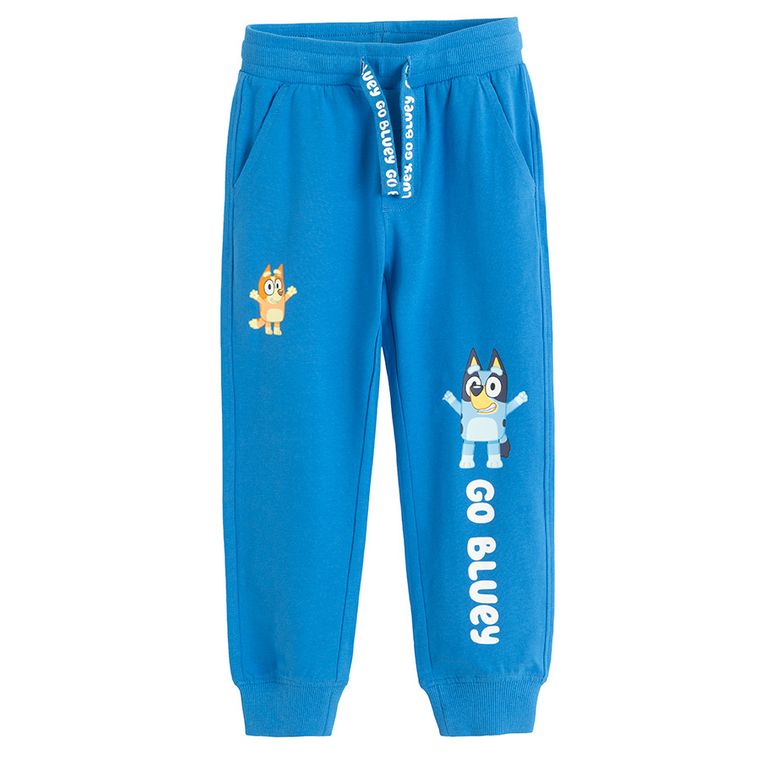 Cool Club, Pantaloni trening pentru baieti, bumbac organic, albastru, imprimeu Bluey