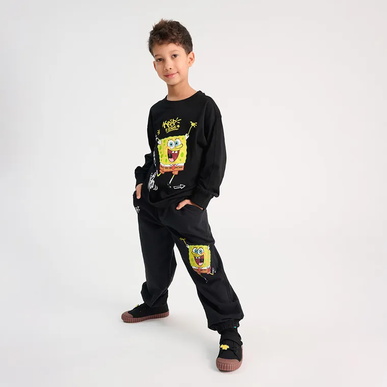 Cool Club, Pantaloni trening pentru baieti, negru, imprimeu SpongeBob