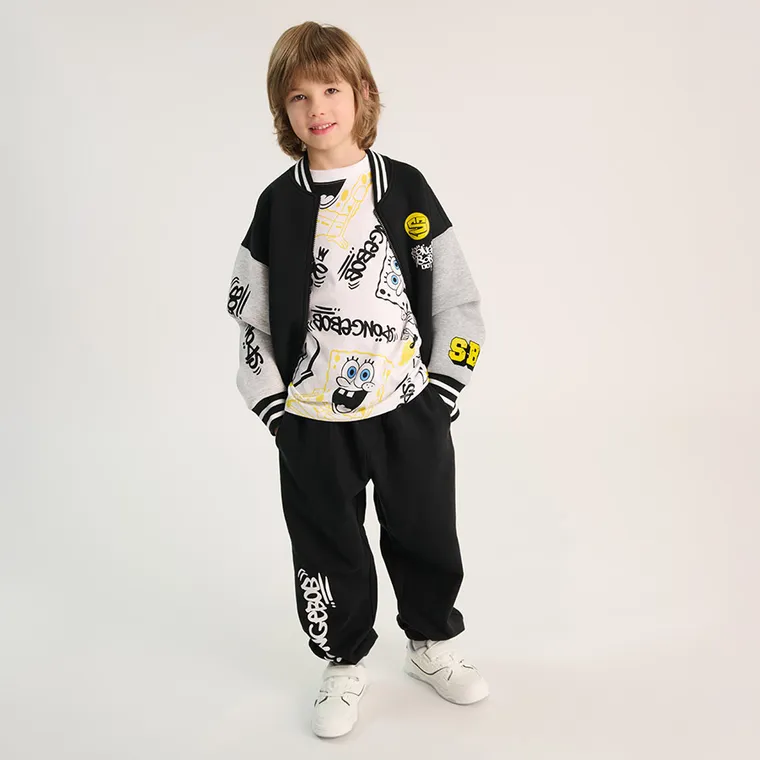 Cool Club, Pantaloni trening pentru baieti, oversize, caldurosi, negru, imprimeu SpongeBob