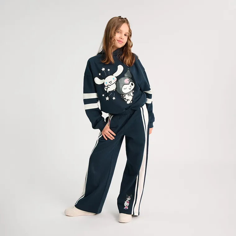 Cool Club, Pantaloni trening pentru fete, wide, caldurosi, bleumarin, imprimeu Hello Kitty and Friends