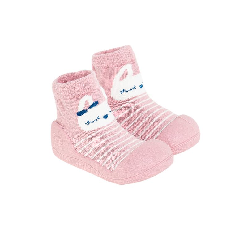 Cool Club, Papuci de casa tip soseta pentru fete, roz, imprimeu iepurasi